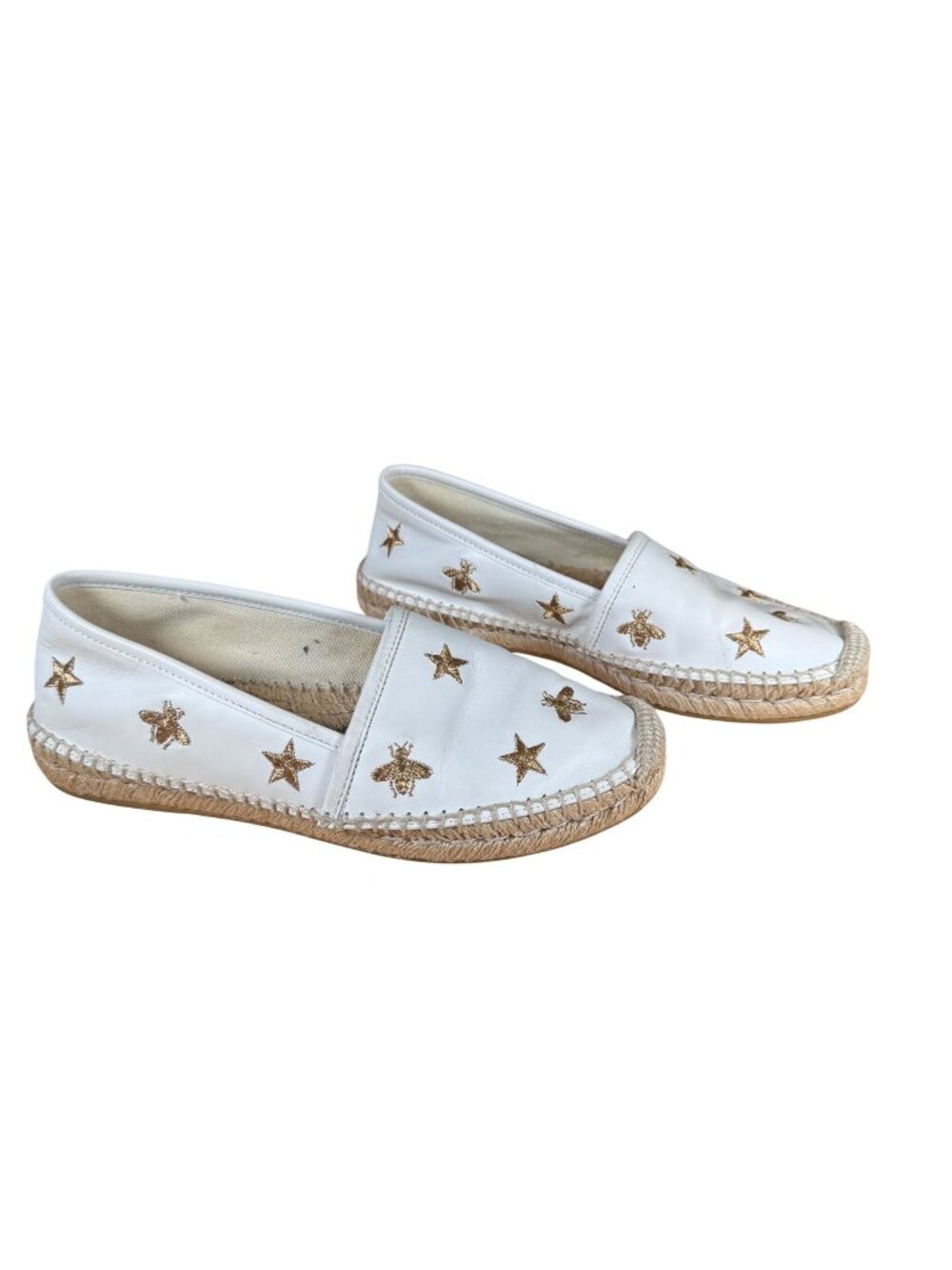 Gucci White Leather Pilar Bee Embroidered Espadrilles Shoes Size EU 37 US 7